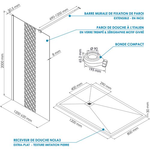Pack Douche - Receveur Anthracite 120x80cm + Paroi En 120cm + Barre De Fixation