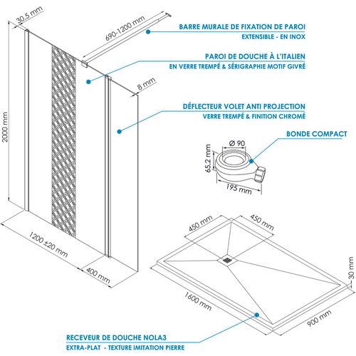 Pack Douche - Receveur Blanc 160x90cm, Paroi 120cm, Déflecteur, Barre Fixation