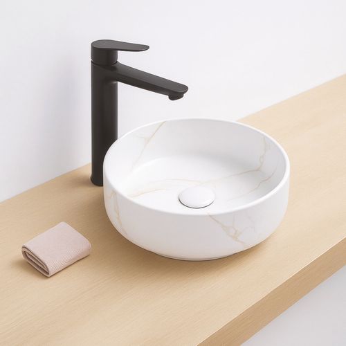 Vasque à Poser Ronde Nami - Céramique Marbre Blanc - Dim : D.34,6 X 11,4cm