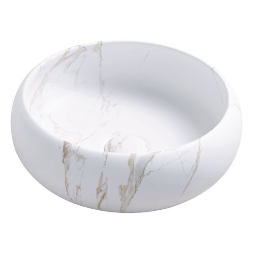 Vasque Ronde à Poser Sora - Céramique - Marbre Blanc - Dim : D.36 X H.12 Cm