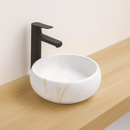 Vasque Ronde à Poser Sora - Céramique - Marbre Blanc - Dim : D.36 X H.12 Cm