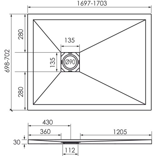 Receveur Nara - Résine Allégée - 70 X 170 Cm - Finition : Noir - Bonde