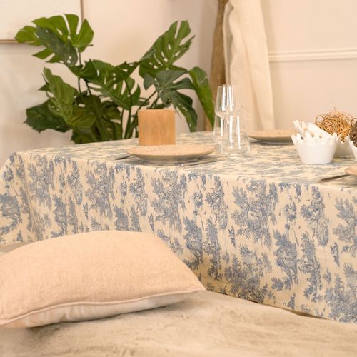 Nappe Toile De Jouy Rectangulaire Plastifiée - 250x150 Cm - Bleu