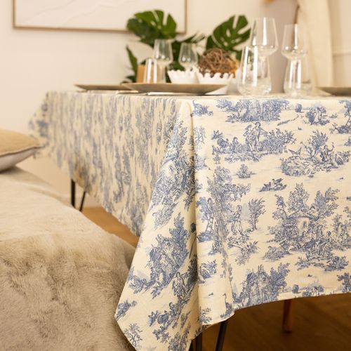 Nappe Toile De Jouy Rectangulaire Plastifiée - 250x150 Cm - Bleu