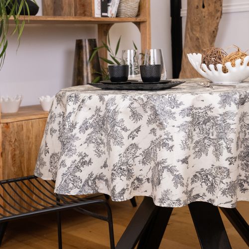 Nappe Ronde Toile De Jouy Plastifiée - 150x150 Cm - Gris Foncé
