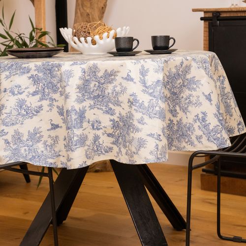 Nappe Ronde Toile De Jouy Plastifiée - 150x150 Cm - Bleu