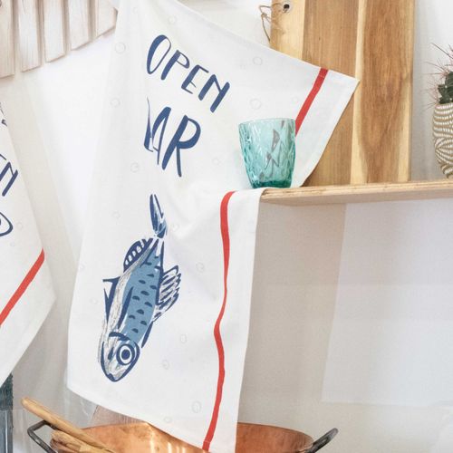 Lot De 3 Torchons Message Poissons En Coton - 50x70 Cm - Ecru