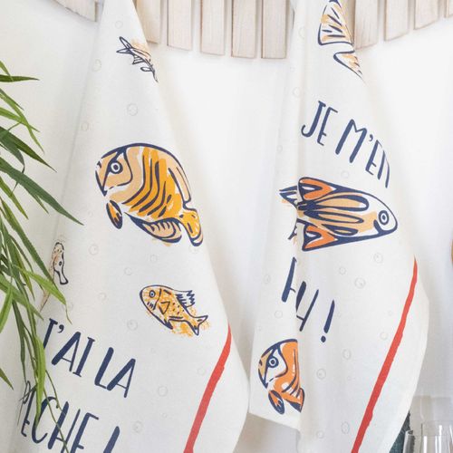 Lot De 3 Torchons Message Poissons En Coton - 50x70 Cm - Ecru