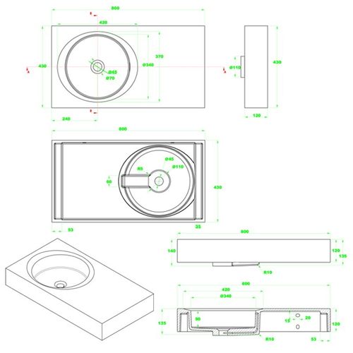Plan Vasque Solid Surface 80x43x12 Cm