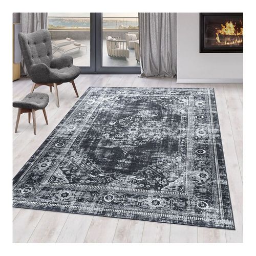 Tapis Vintage Lavable En Machine Rayé Velvet Noir 140x200