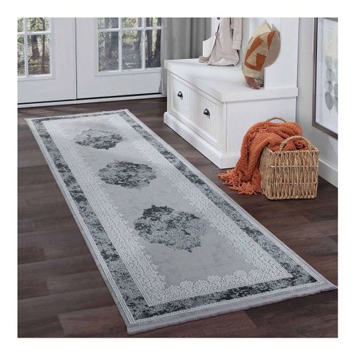 Tapis Vintage Avec Franges Rayé Poils Ras Mara Gris 80x300