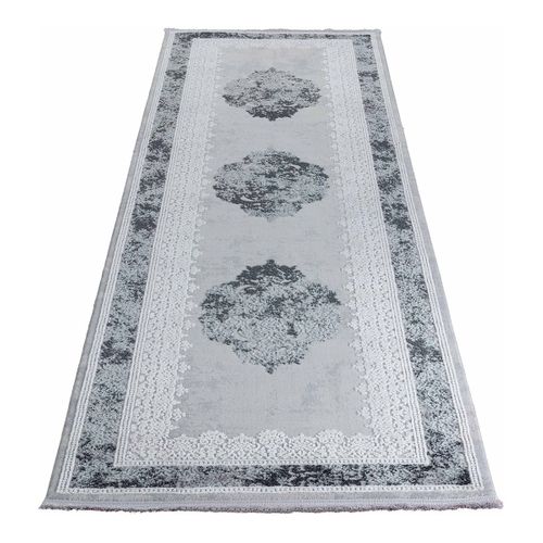 Tapis Vintage Avec Franges Rayé Poils Ras Mara Gris 80x300