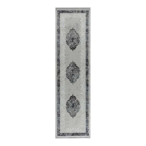 Tapis Vintage Avec Franges Rayé Poils Ras Mara Gris 80x300
