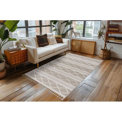 Tapis Graphique Moderne Avec Franges Nisha Beige 80x150