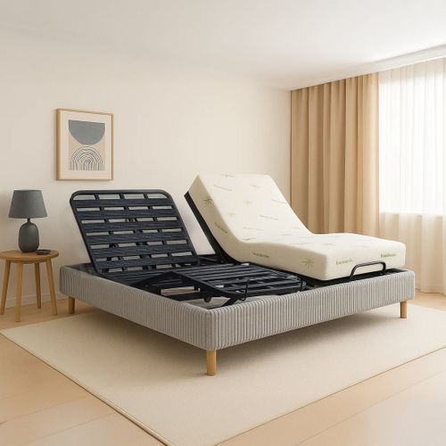 Pack Lit Électrique 180x200 Gris, Sommier Relaxation à Lattes + Contour Velours Côtelé + Matelas