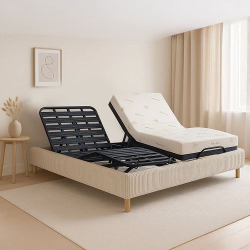 Pack Lit Électrique 160x200 Beige - Sommier Relaxation à Lattes + Contour Velours Côtelé + Matelas