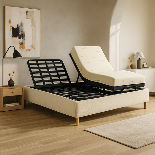 Ensemble Lit Électrique 140x190 Beige – Sommier Relaxation à Lattes + Contour Bouclette + Matelas