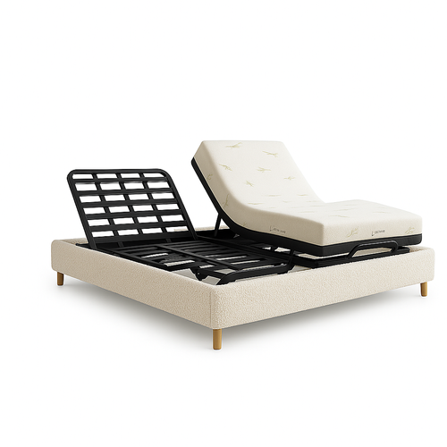 Ensemble Lit Électrique 90x190 Beige – Sommier Relaxation à Lattes + Contour Bouclette + Matelas