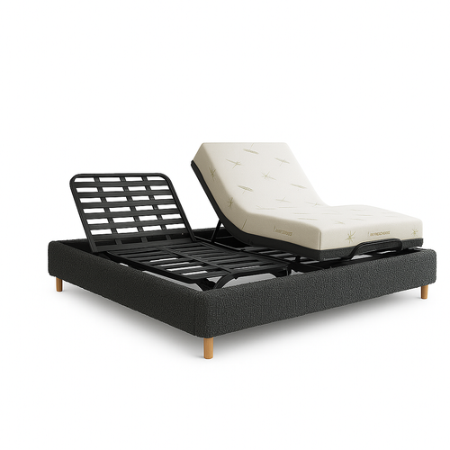 Ensemble Lit Électrique 200x200 Gris – Sommier Relaxation à Lattes + Contour Bouclette + Matelas