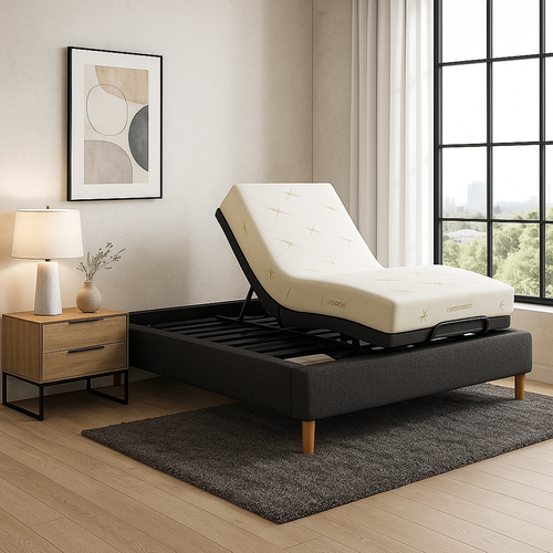 Ensemble Lit Électrique 90x190 Gris – Sommier Relaxation à Lattes + Contour Bouclette + Matelas