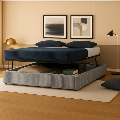 Lit Coffre à Ouverture Horizontale Et Frontale - 200 X 200 Cm - Velours Côtelé Gris Clair