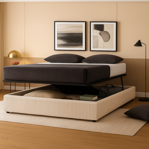 Lit Coffre à Ouverture Horizontale Et Frontale - 200 X 200 Cm - Velours Côtelé Sable