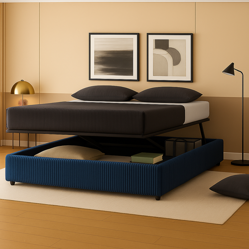 Lit Coffre à Ouverture Horizontale Et Frontale - 140 X 190 Cm - Velours Côtelé Bleu Nuit