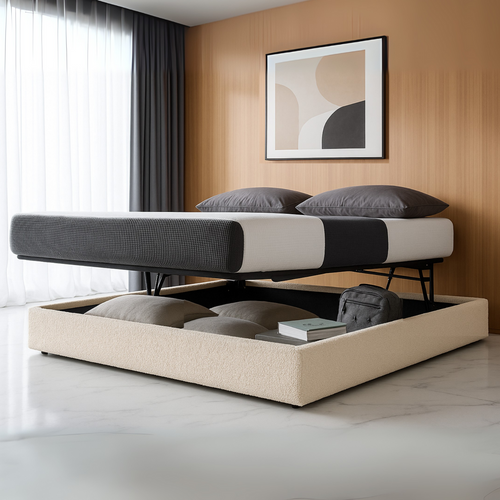 Lit Coffre à Ouverture Horizontale Et Frontale - 200 X 200 Cm - Tissu Bouclette Sable