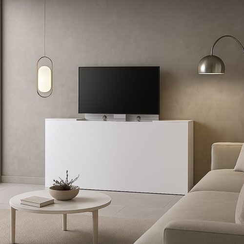 Console TV 2 En 1 - Design : Bois Blanc - Meuble TV Escamotable Avec Télécommande Sans Fil