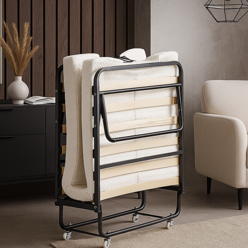 Lit Pliant à Roulettes Avec Matelas 90x200 - Sommier à Lattes Flexibles