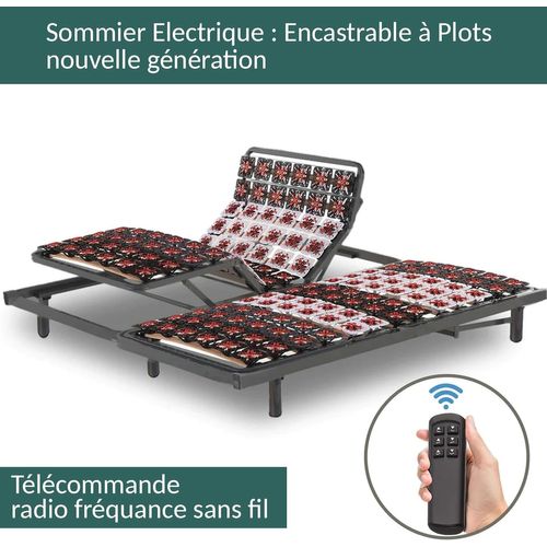 Ensemble Lit Électrique Matelas 2x70x200 Cm - Sommier à Plots + Mémoire De Forme - Moteur Inclus