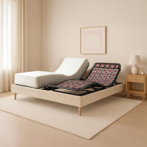 Pack Lit Électrique Matelas 90x190 - Beige - Sommier Relaxation+contour Lit Velours Cotelé+matelas