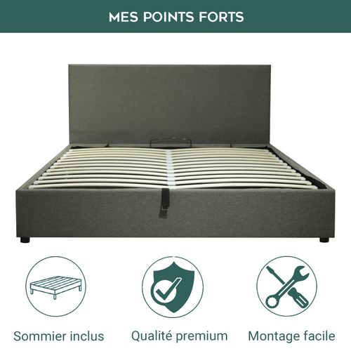 Lit Coffre Colisée 90x190 Cm - Grand Espace De Stockage - Large Ouverture - Tissu - Gris Clair
