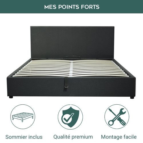 Lit Coffre Colisée 90x190 Cm - Grand Espace De Stockage - Large Ouverture - Tissu - Gris Foncé