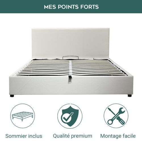 Lit Coffre XXL 140x190cm Simili Cuir Blanc - Capacité 900 Litres - Sommier à Lattes