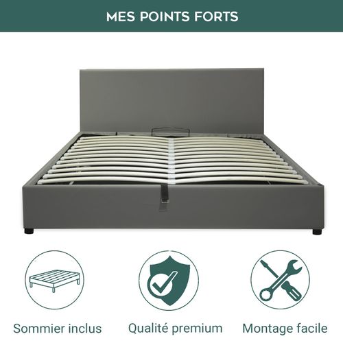 Lit Coffre XXL 140x190cm Simili Cuir Gris - Capacité 900 Litres - Sommier à Lattes