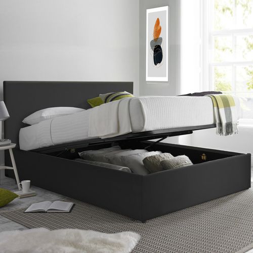 Lit Coffre XXL 140x190cm Simili Cuir Noir - Capacité 900 Litres - Sommier à Lattes