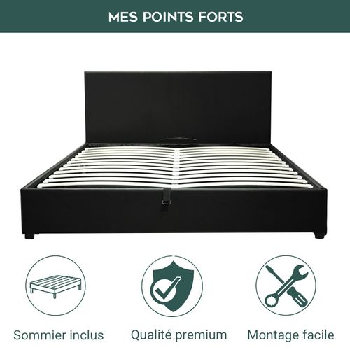 Lit Coffre XXL 140x190cm Simili Cuir Noir - Capacité 900 Litres - Sommier à Lattes