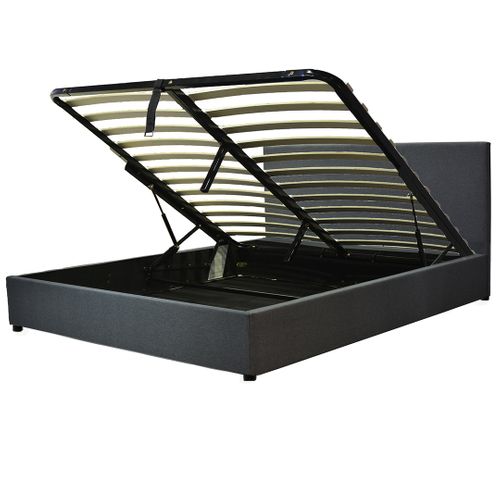 Lit Coffre XXL 140x190cm Tissu Gris Foncé - Capacité 900 Litres - Sommier à Lattes
