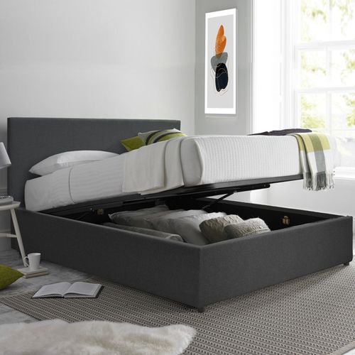 Lit Coffre XXL 140x190cm Tissu Gris Foncé - Capacité 900 Litres - Sommier à Lattes