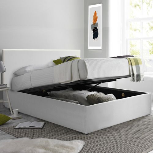 Lit Coffre XXL 200x200cm Simili Cuir Blanc - Capacité 900 Litres - Sommier à Lattes