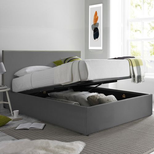 Lit Coffre XXL 200x200cm Simili Cuir Gris - Capacité 900 Litres - Sommier à Lattes