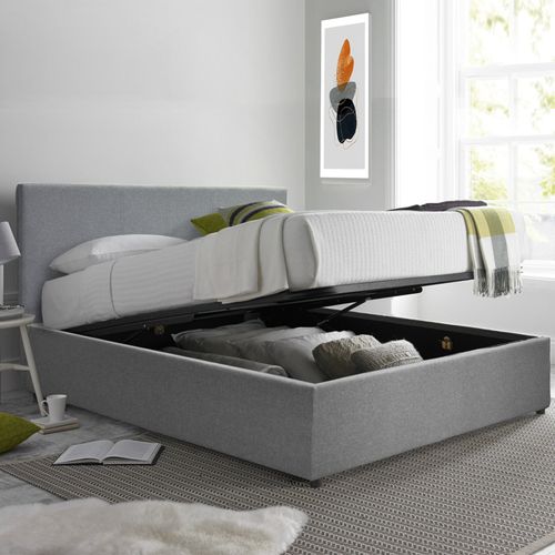 Lit Coffre XXL 200x200cm Tissu Gris Clair - Capacité 900 Litres - Sommier à Lattes