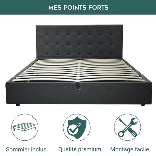 Lit Coffre 140x190 Cm - Grand Espace De Stockage Jusqu'à 900 L - Tissu Gris Foncé