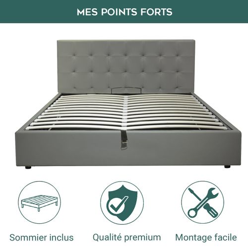 Lit Penthouse Gris 160x200 Cm - Design Et Moderne - Simili Cuir Et Sommier à Lattes En Bois