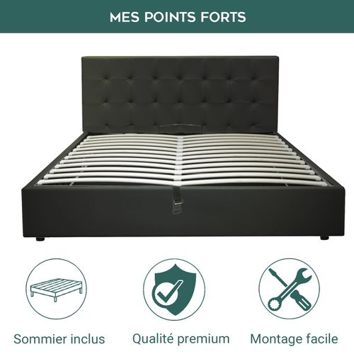 Lit Penthouse Noir 160x200 Cm - Design Et Moderne - Simili Cuir Et Sommier à Lattes En Bois