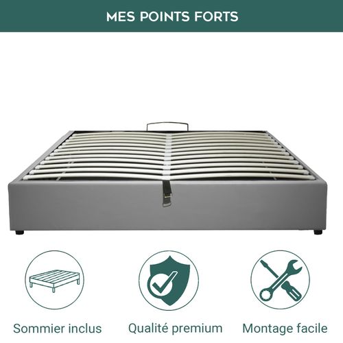 Lit Coffre Ouverture Latérale Et Frontale Simili Cuir Gris - 180 X 200 Cm