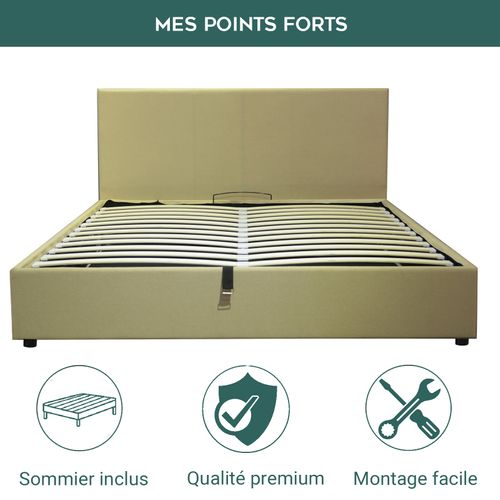 Lit Coffre XXL 200x200cm Simili Cuir Noir - Capacité 900 Litres - Sommier à Lattes