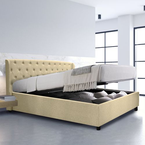 Lit Coffre Naples Avec Tête De Lit Capitonnée 90x190 Cm - Grand Espace De Stockage - Tissu - Sable