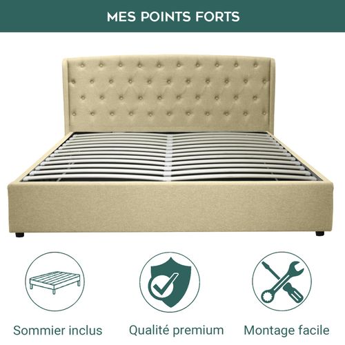 Lit Coffre Naples Avec Tête De Lit Capitonnée 90x190 Cm - Grand Espace De Stockage - Tissu - Sable